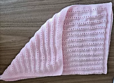 Hand Knitted In Acrylic Dk Banded Lacy Design Large Pink Baby Blanket • £13.75