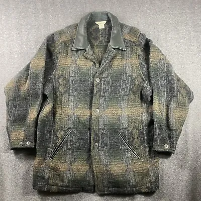 Vtg Eddie Bauer Mens Wool Jacket Western Pea Coat Leather Collar Tall M Xl • $60