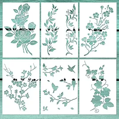 6 PCS Vine Leaf Rose Stencil Cherry Blossom Stencil Bird Tree Branch Stencils... • $22.87