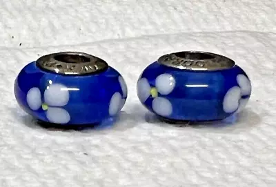 PANDORA Dark Blue Murano Glass White  Polka Dot Bubble Bead Lot Of 2 • $38.99