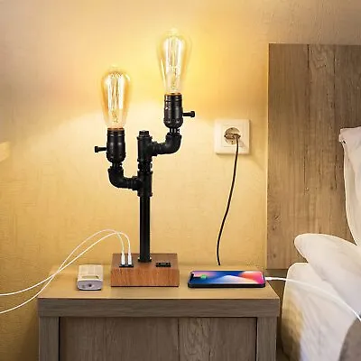 Industrial Table Lamp Steampunk 2 Head Desk Pipe Light W/USB&AC Outlet Bedroom • $26.99