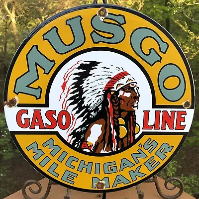 Vintage Musgo Gasoline Porcelain Gas Motor Oil Michigan Mile Sign • $29.99