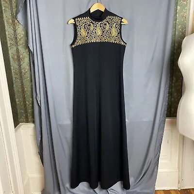 Vintage Leslie Fay Evening Maxi Dress Womens Small Black Gold Sleeveless FLAW • $35