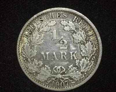 Germany 1907-f Silver 1/2 Mark Km17 Empire Extremely Fine  ~fcs-56a • $11.50