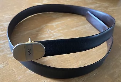 VTG Yves Saint Laurent Black Leather Belt YSL Logo On Hardware WMs SZ 30 GUC • $65