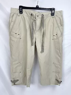 Columbia Women LARGE Khaki Tan Cropped Capri Pants Wide Leg 17.5” Inseam Cotton • $12