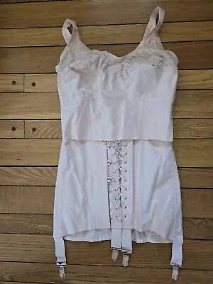  VINTAGE 40s Pink  Overbust Corset By Sa Camille Rayon/Cotton With Box • $50