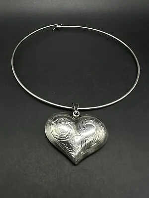 Vintage Sterling Silver Collar Choker Necklace W/Etched Puffy Heart Pendant 17Gs • $64.98