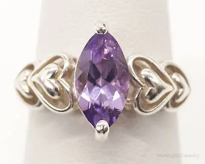 Vintage Amethyst Hearts Sterling Silver Ring - Size 7 • $75