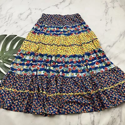 Carole Little Womens Vintage 90s Tiered Maxi Skirt Size L Blue Red Mixed Floral • $32.99