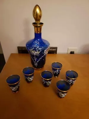 Murano Cobalt Blue Hand Painted With 24 Kt Gold Decanter Set • $92