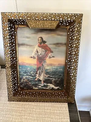 VINTAGE METAL FRAMED 3D LIGHTED PICTURE JESUS WALKING ON THE WATER 21”x17” READ • $49.99