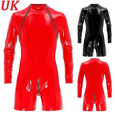 UK Mens Long Sleeve Jumpsuit Wet Look Patent Leather Bodysuit Club Dance Costume • £30.79