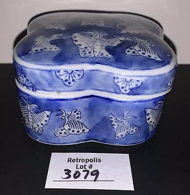 Vintage Ceramic Butterfly Shaped Trinket Box Hand Painted Blue & White China • $22