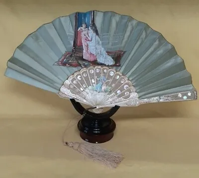 Antique 1800s Silk Victorian Hand Painted Ladies Hand Fan W MOP Inlay W Tassel • $1275