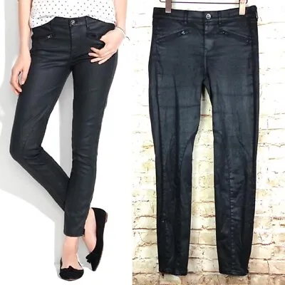 Madewell Jeans Womens 26 Black Skinny Ankle Leather Coated Biker Moto Zip Pocket • $13.59