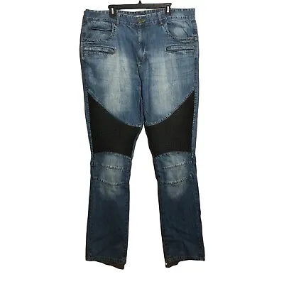 Grindhouse Moto Biker Jeans Skinny Slim Men W42xL32 Patch Knee Patch Blue Faded • $30.99