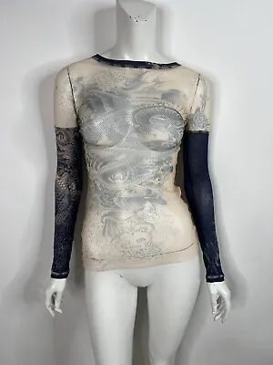 Vtg Jean Paul Gaultier Ss2012 Tattoo Print Net Silk Sleeve Top S • $600