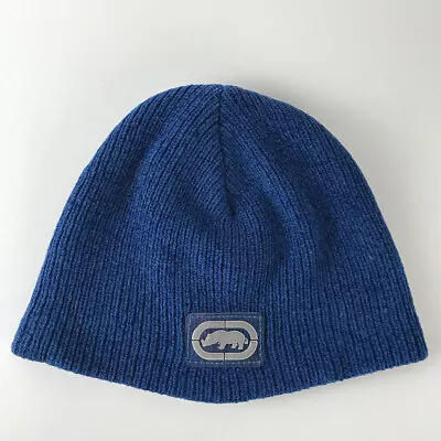 Marc Ecko Blue Ribbed Grey Patch Winter Hat • $21.06