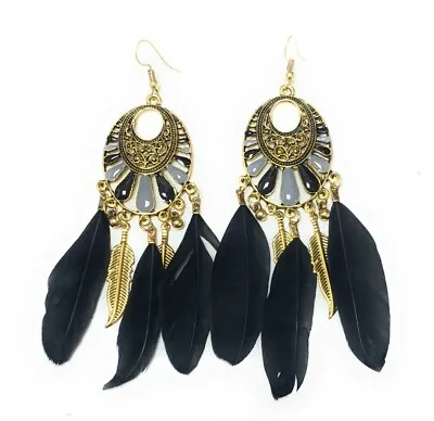 Feather Chandelier Earrings Gold Gypsy Boho Tribal Tassel - Pierced Or Clip On • £3.99