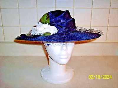 Vtg Plaza Suite By Betmar Navy W Pink Flower Wide Brim Womens Straw Hat Size 6.5 • $35