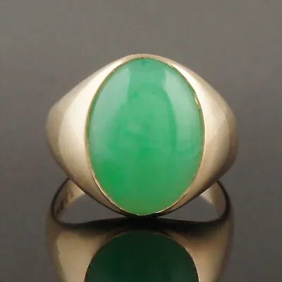Modernist Solid 14K Yellow Gold Oval Apple Green Jade Cabochon Man's Estate Ring • $1295