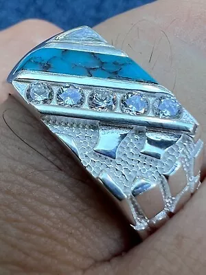 Real Solid 925 Silver Nugget Blue Turquoise Iced CZ Ring Hip Hop Pinky Anillo • $36.34