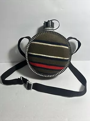 Vintage Round Metal Canteen Rustic Camping Trail / Cowboy Wool Nylon Strap • $15.99