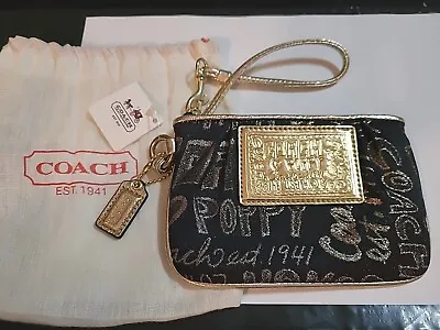 $27.99 • Buy Coach Poppy Story Patch Wristlet - Black & Gold - NWT