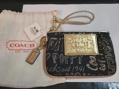 $27.99 • Buy Coach Poppy Story Patch Wristlet - Black & Gold - NWT