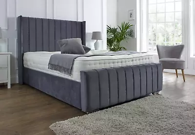 Panel Lines  Wing Plush Velvet Sleigh Bed Frame Ottoman Gas Lift Storage Options • £163.49