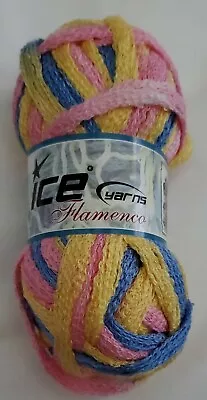 ICE Yarns FLAMENCO 100g Skein Ruffle Yarn * Made In Turkey * Blue+Yellow +Pink • $6.50