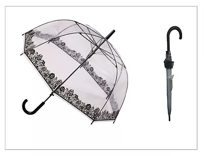 SOAKE Clear Dome Walking Stick Umbrella With Black Lace Effect Trim • £13.95