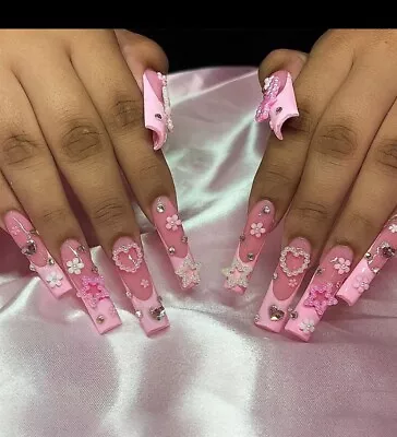 Press On Nails Set 20 Long Heart Star Holiday Date Pink 3D Gift Diamond Long • $19.99