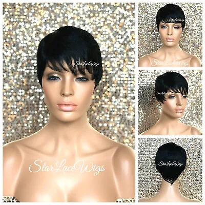 $43.38 • Buy Short Straight Feathered Pixie Full Wig With Bangs #1 Jet Black Heat Safe Ok