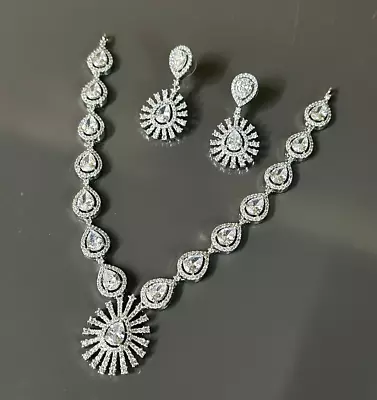 Indian Bollywood Silver Plated Ethnic AD CZ Jewelry Earrings Necklace Bridal Set • $22.24