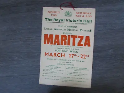 Maritza By Tonbridge Musical Players Royal Victoria Hall Southborough Poster • £24.99