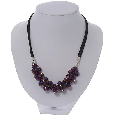 Faceted Glass Bead Faux Suede Necklace In Silver Tone/ Chameleon Purple/ 40cm L • $11.18