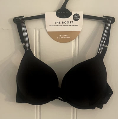 £4 • Buy BNWT Black 32C EU 75C Diamante Crystal Strap Booster Bra