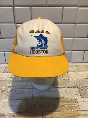 Vintage Trucker Hat Baja Houston Texas Cap Yellow Made In The USA Mesh Back Snap • $7.99