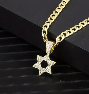 Men's 18K Gold Plated Star Of David Iced Pendant 24  Necklace Jewish Israel • $11.99