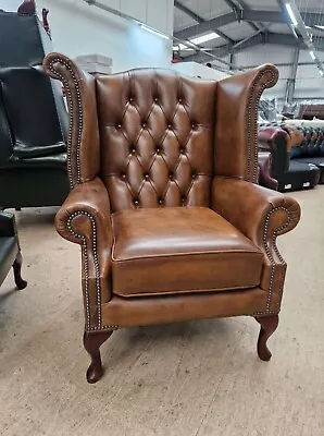 New Fast Delivery Chesterfield Queen Anne High Back Wing Chair Real Leather Tan • £502.99