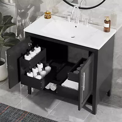 36 Inch Bathroom Vanity W/Ceramic Sink Open Shelf Black Vanity Storage Cabinet • $448