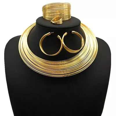African Collar Choker Necklace Gold Statement Jewelry Set - Bib Cuff Bracelet O • $21.91