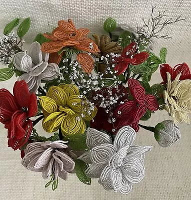 Lot 17+ Lg-Med Vintage French Glass Seed Beaded Multicolored Flowers W/ Leaves  • $119