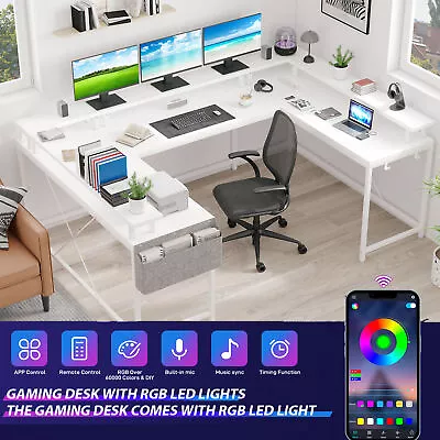 LED Lights Computer Gaming Desk With Power Outlets And Monitor Stands Reversible • $174.59