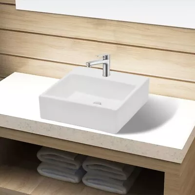 VidaXL Ceramic Bathroom Sink Basin With Faucet Hole White Square • $80.59