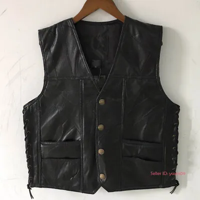 Mens Casual Genuine Leather Vest Motorcycle Jackets Sleeveless Waistcoat Tops • $36.90