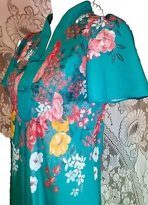 VTG 70s Liberty House Of Hawaii Fluttersleeve Turquoise Floral Maxi Dress XS • $43.99