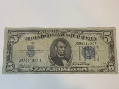 1934 A Five Dollar Silver Certificate $5 Bill Blue Seal Note FREE SHIPPING!!!! • $5